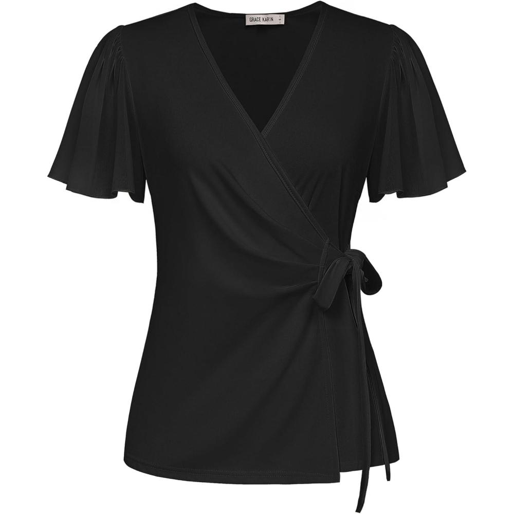 imageGRACE KARIN 2025 Womens Summer Tops Dressy Business Casual Chiffon Short Sleeve VNeck Wrap Work Fitted BlousesBlack