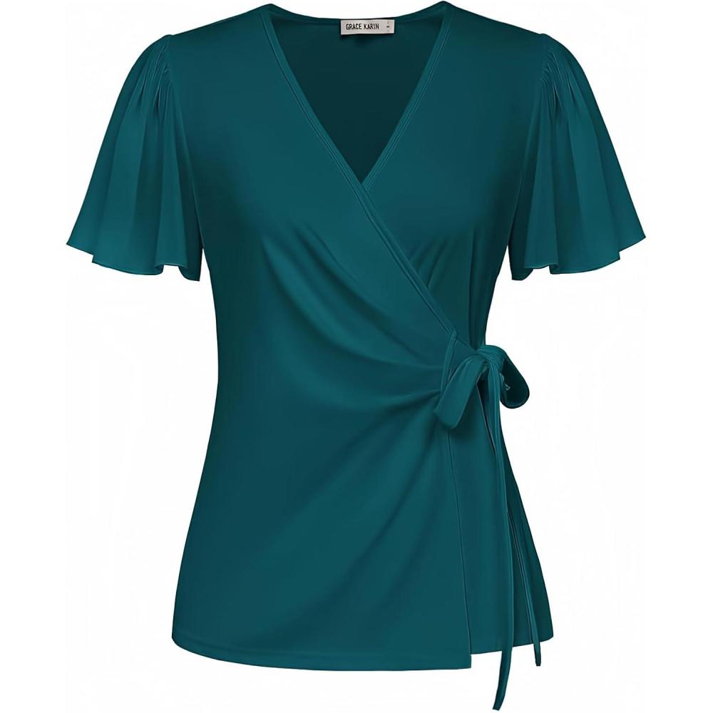 imageGRACE KARIN 2025 Womens Summer Tops Dressy Business Casual Chiffon Short Sleeve VNeck Wrap Work Fitted BlousesBluegreen