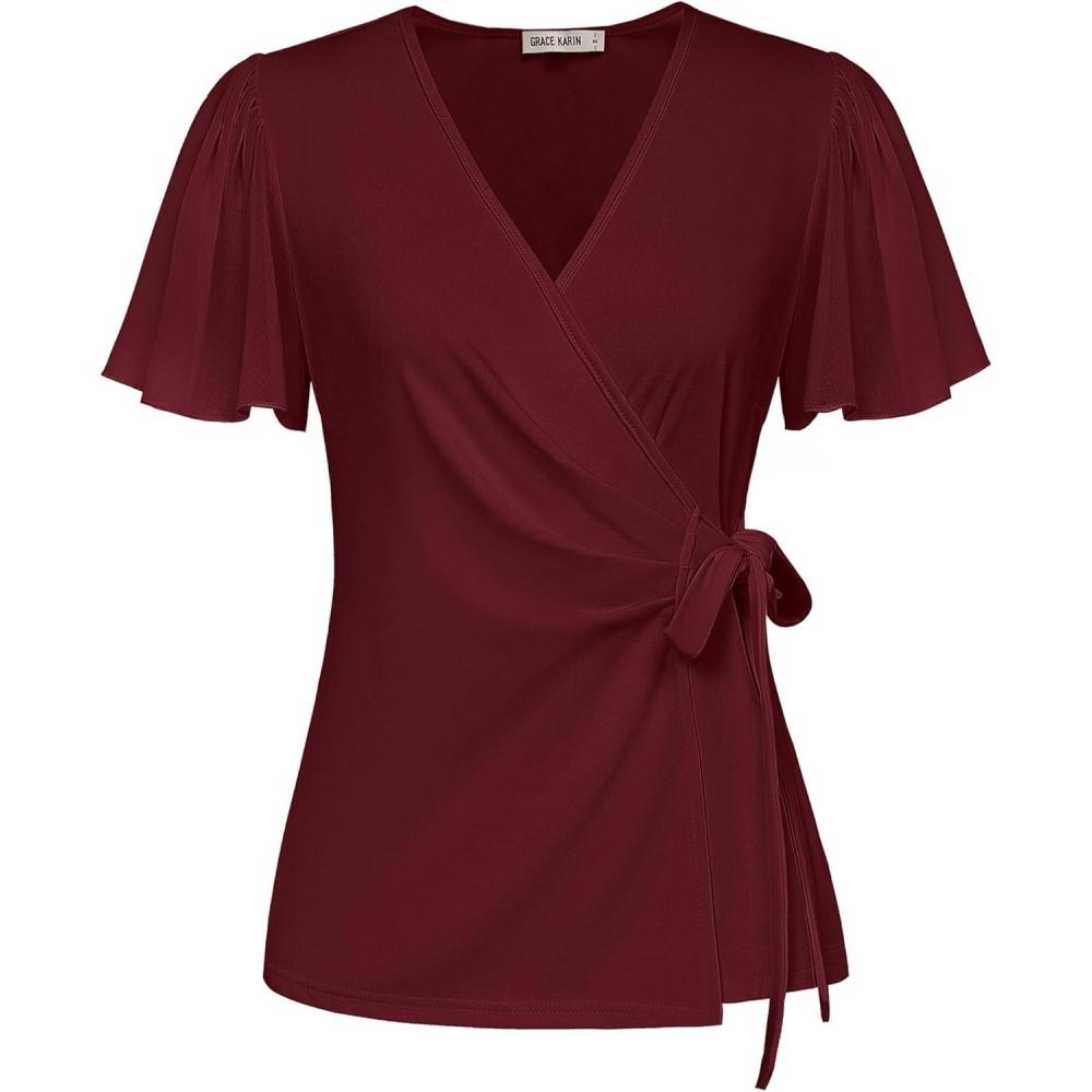 imageGRACE KARIN 2025 Womens Summer Tops Dressy Business Casual Chiffon Short Sleeve VNeck Wrap Work Fitted BlousesBurgundy