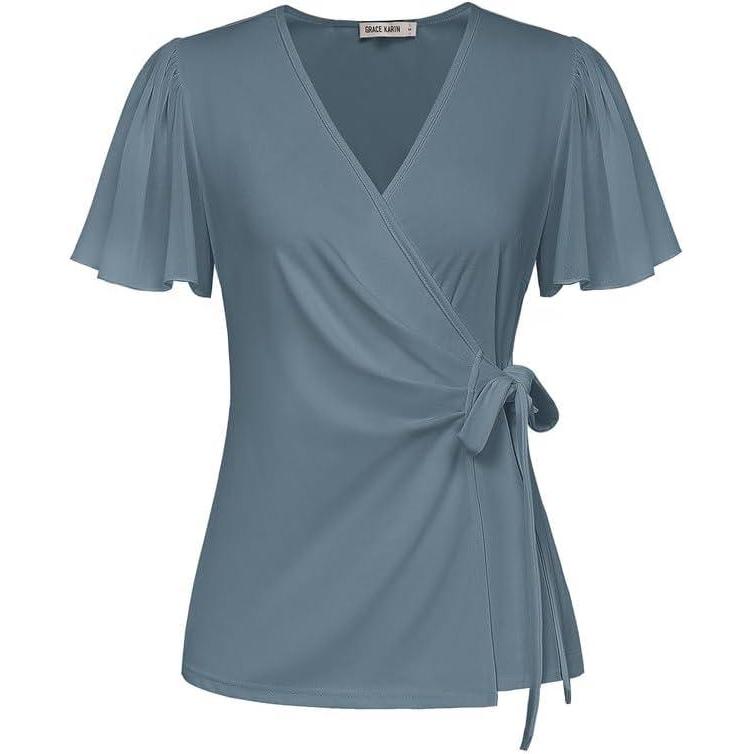 imageGRACE KARIN 2025 Womens Summer Tops Dressy Business Casual Chiffon Short Sleeve VNeck Wrap Work Fitted BlousesGray Blue