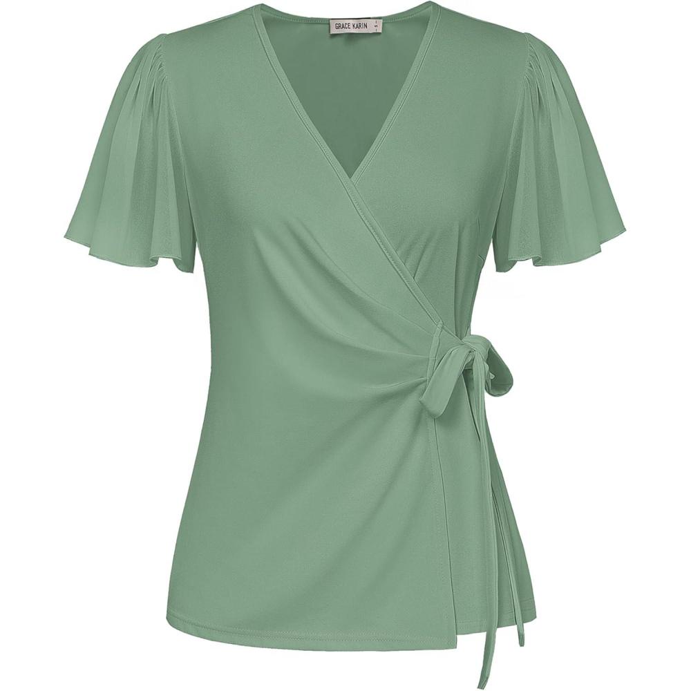 imageGRACE KARIN 2025 Womens Summer Tops Dressy Business Casual Chiffon Short Sleeve VNeck Wrap Work Fitted BlousesGray Green