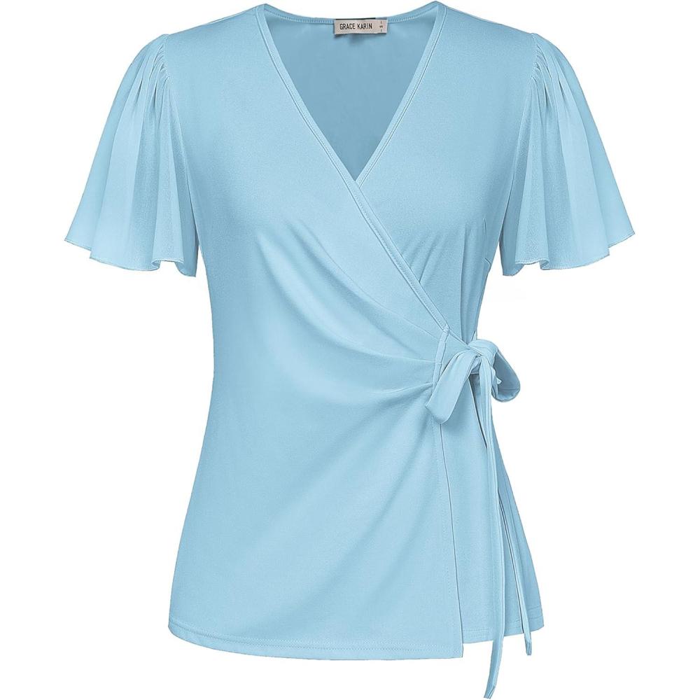 imageGRACE KARIN 2025 Womens Summer Tops Dressy Business Casual Chiffon Short Sleeve VNeck Wrap Work Fitted BlousesLight Blue