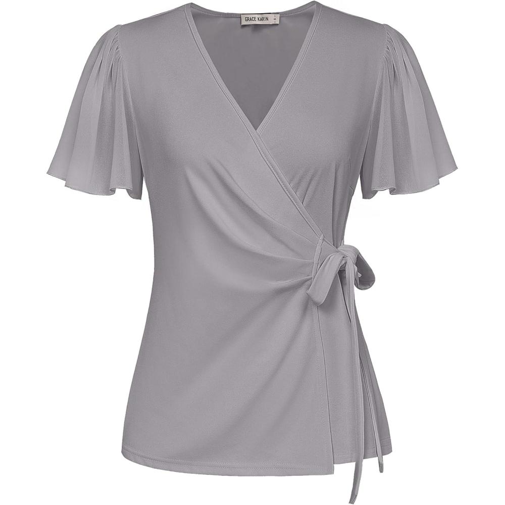 imageGRACE KARIN 2025 Womens Summer Tops Dressy Business Casual Chiffon Short Sleeve VNeck Wrap Work Fitted BlousesLight Grey