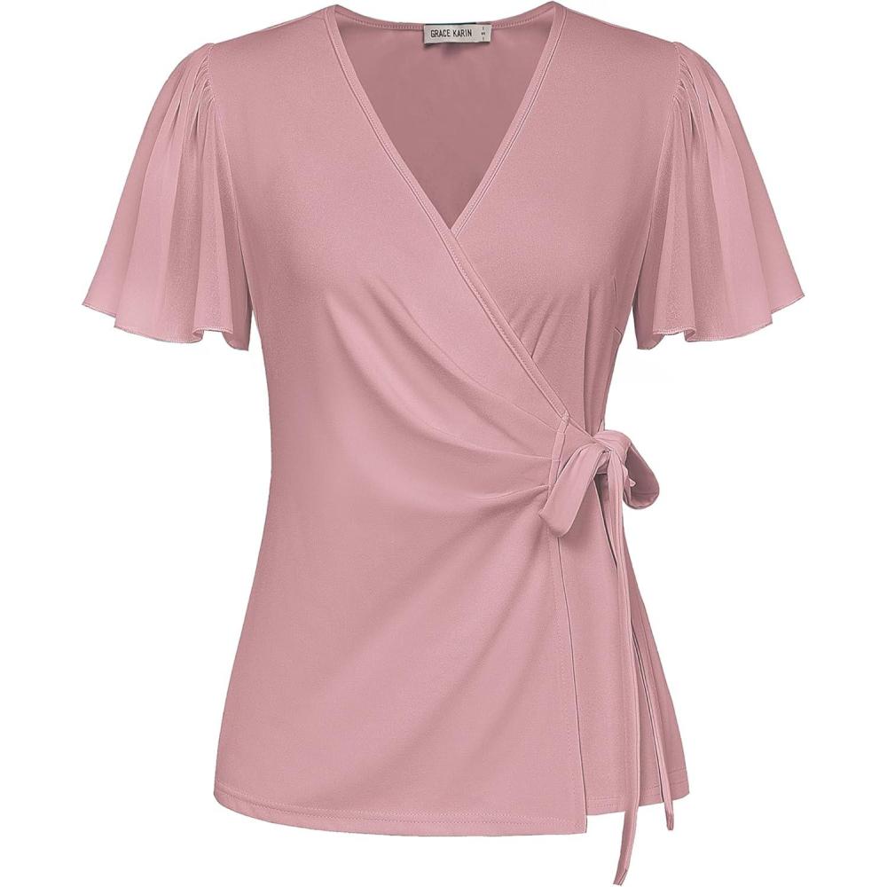 imageGRACE KARIN 2025 Womens Summer Tops Dressy Business Casual Chiffon Short Sleeve VNeck Wrap Work Fitted BlousesPink