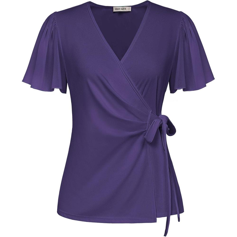 imageGRACE KARIN 2025 Womens Summer Tops Dressy Business Casual Chiffon Short Sleeve VNeck Wrap Work Fitted BlousesPurple