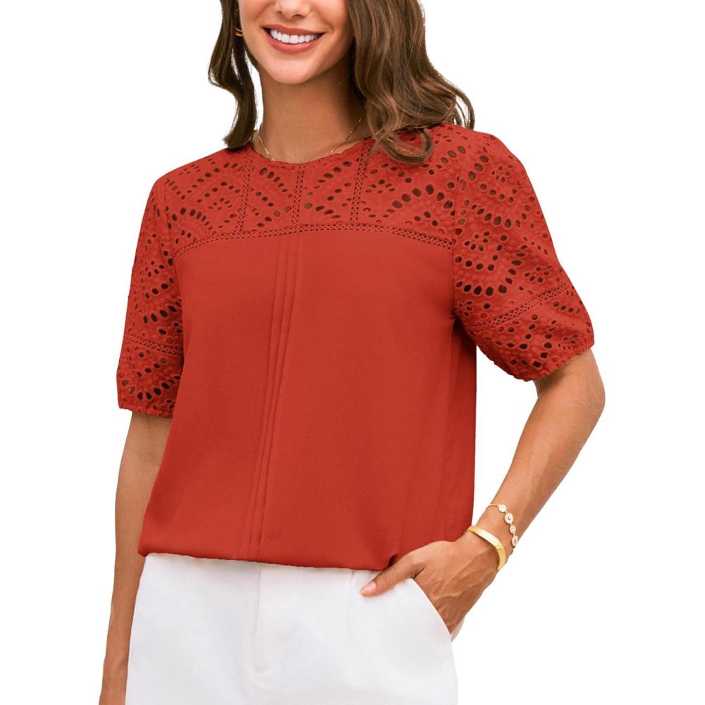 imageGRACE KARIN Womens Casual Tops Short Sleeve Eyelet Embroidered Summer Trendy Shirts Crewneck Crochet Patchwork BlousesOrangered