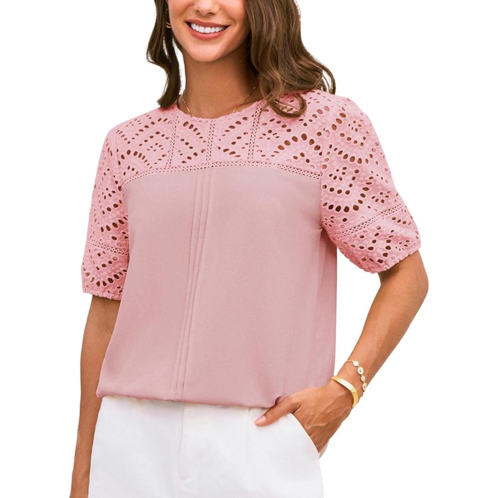 imageGRACE KARIN Womens Casual Tops Short Sleeve Eyelet Embroidered Summer Trendy Shirts Crewneck Crochet Patchwork BlousesPink