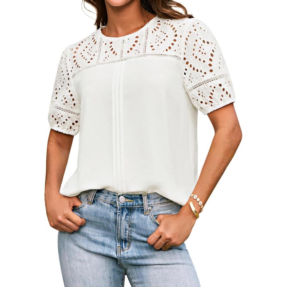 imageGRACE KARIN Womens Casual Tops Short Sleeve Eyelet Embroidered Summer Trendy Shirts Crewneck Crochet Patchwork BlousesWhite