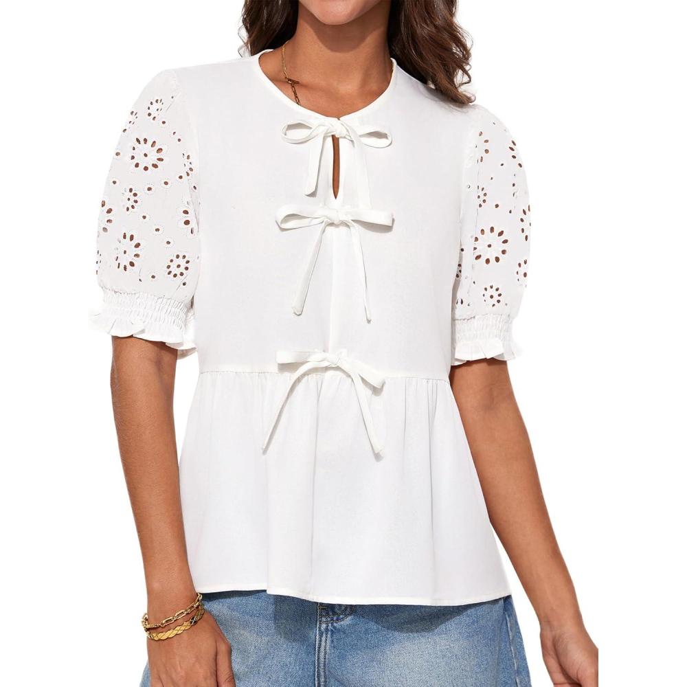 imageGRACE KARIN Womens Tie Front Peplum Tops Short Puff Sleeve Bow Babydoll Blouses Shirts Y2K Going Out TopsWhite