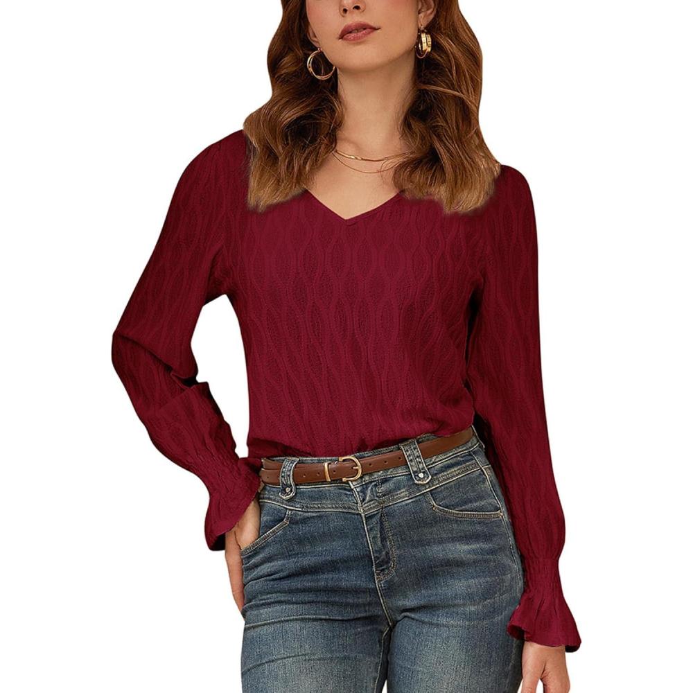 imageWomens Casual V Neck Blouse Smocked Long Sleeve Fit Leisure Top Shirts Burgundy L
