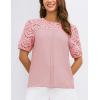 imageGRACE KARIN Womens Casual Tops Short Sleeve Eyelet Embroidered Summer Trendy Shirts Crewneck Crochet Patchwork BlousesPink