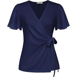 imageGRACE KARIN 2025 Womens Summer Tops Dressy Business Casual Chiffon Short Sleeve VNeck Wrap Work Fitted BlousesArmy