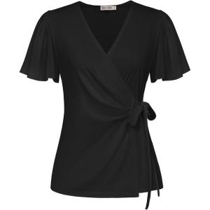 imageGRACE KARIN 2025 Womens Summer Tops Dressy Business Casual Chiffon Short Sleeve VNeck Wrap Work Fitted BlousesBlack