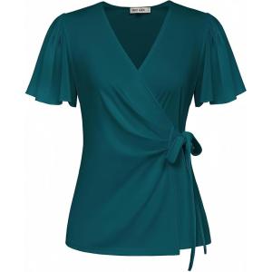 imageGRACE KARIN 2025 Womens Summer Tops Dressy Business Casual Chiffon Short Sleeve VNeck Wrap Work Fitted BlousesBluegreen