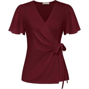 imageGRACE KARIN 2025 Womens Summer Tops Dressy Business Casual Chiffon Short Sleeve VNeck Wrap Work Fitted BlousesBurgundy