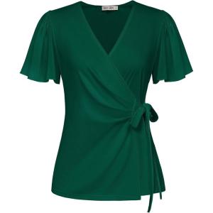 imageGRACE KARIN 2025 Womens Summer Tops Dressy Business Casual Chiffon Short Sleeve VNeck Wrap Work Fitted BlousesDark Green