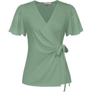 imageGRACE KARIN 2025 Womens Summer Tops Dressy Business Casual Chiffon Short Sleeve VNeck Wrap Work Fitted BlousesGray Green