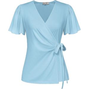 imageGRACE KARIN 2025 Womens Summer Tops Dressy Business Casual Chiffon Short Sleeve VNeck Wrap Work Fitted BlousesLight Blue