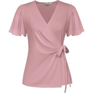 imageGRACE KARIN 2025 Womens Summer Tops Dressy Business Casual Chiffon Short Sleeve VNeck Wrap Work Fitted BlousesPink
