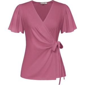 imageGRACE KARIN 2025 Womens Summer Tops Dressy Business Casual Chiffon Short Sleeve VNeck Wrap Work Fitted BlousesPlum Pink