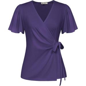 imageGRACE KARIN 2025 Womens Summer Tops Dressy Business Casual Chiffon Short Sleeve VNeck Wrap Work Fitted BlousesPurple