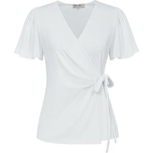 imageGRACE KARIN 2025 Womens Summer Tops Dressy Business Casual Chiffon Short Sleeve VNeck Wrap Work Fitted BlousesWhite
