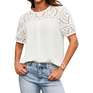 imageGRACE KARIN Womens Casual Tops Short Sleeve Eyelet Embroidered Summer Trendy Shirts Crewneck Crochet Patchwork BlousesWhite