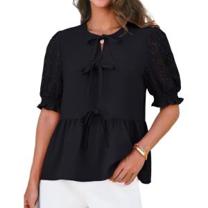 imageGRACE KARIN Womens Tie Front Peplum Tops Short Puff Sleeve Bow Babydoll Blouses Shirts Y2K Going Out TopsBlack