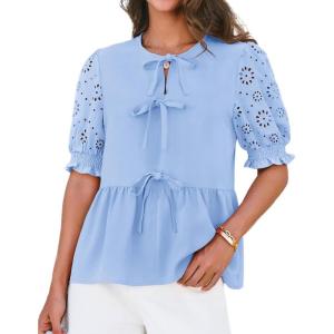 imageGRACE KARIN Womens Tie Front Peplum Tops Short Puff Sleeve Bow Babydoll Blouses Shirts Y2K Going Out TopsBlue