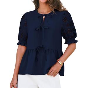 imageGRACE KARIN Womens Tie Front Peplum Tops Short Puff Sleeve Bow Babydoll Blouses Shirts Y2K Going Out TopsNavy Blue