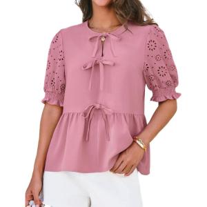 imageGRACE KARIN Womens Tie Front Peplum Tops Short Puff Sleeve Bow Babydoll Blouses Shirts Y2K Going Out TopsPink