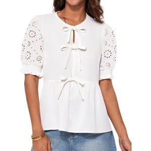 imageGRACE KARIN Womens Tie Front Peplum Tops Short Puff Sleeve Bow Babydoll Blouses Shirts Y2K Going Out TopsWhite