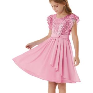 imageGRACE KARIN Girls Sequin Chiffon Dress Party Birthday Prom Formal Fancy Midi Dress 512 YearsPink