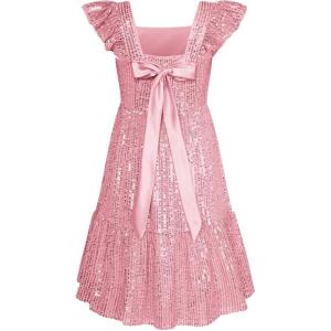 imageGRACE KARIN Girls Sequin Dress Flutter Sleeve ALine Tie Back Sparkly Formal Party Dress for Girl 512YPink