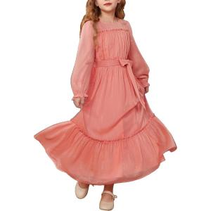 imageGRACE KARIN Girls Long Sleeve Fall Dress Kids Ruffle Casual Fashion Long Maxi Dress Size 614Pink