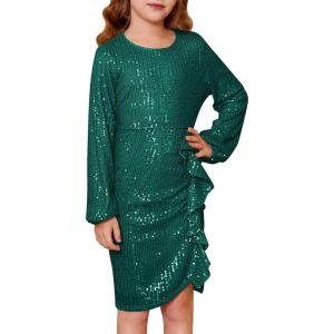 imageGRACE KARIN Girls Long Sleeve Sequin Dress Bodycon 614Y Teen Girl Prom Formal Party Graduation Birthday Pageant DressesGreen
