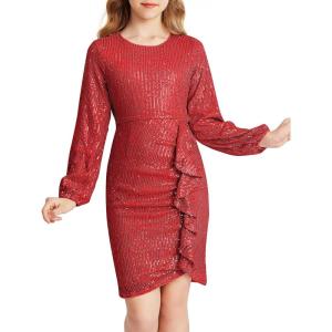 imageGRACE KARIN Girls Long Sleeve Sequin Dress Bodycon 614Y Teen Girl Prom Formal Party Graduation Birthday Pageant DressesRed