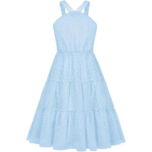 imageGRACE KARIN Girls Off Shoulder Dress Sleeveless Floral Swiss Dots Casual Spring Summer Midi Dress 514YLight Blue