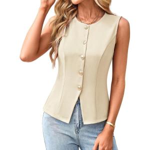 imageGRACE KARIN Summer Sleeveless Blazer Vest for Women Dressy Suit Vest Tank Tops Business Button Down Tshirts Office ShirtApricot