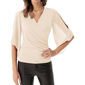 imageGRACE KARIN Summer Tops for Women 2024 Dressy 34 Chiffon Sleeve Wrap Blouses V Neck Business Casual Flowy TopsLight Apricot