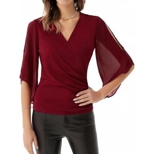 imageGRACE KARIN Summer Tops for Women 2024 Dressy 34 Chiffon Sleeve Wrap Blouses V Neck Business Casual Flowy TopsRed