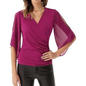 imageGRACE KARIN Summer Tops for Women 2024 Dressy 34 Chiffon Sleeve Wrap Blouses V Neck Business Casual Flowy TopsRose Red