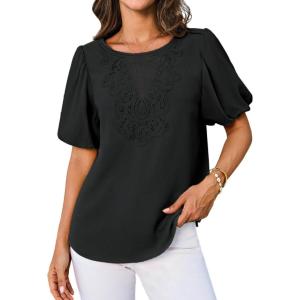 imageGRACE KARIN Women Short Puff Sleeve Casual Summer Elegant Tops Dressy Lace Crochet Crew Neck BlouseBlack