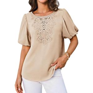 imageGRACE KARIN Women Short Puff Sleeve Casual Summer Elegant Tops Dressy Lace Crochet Crew Neck BlouseKhaki