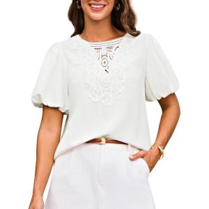 imageGRACE KARIN Women Short Puff Sleeve Casual Summer Elegant Tops Dressy Lace Crochet Crew Neck BlouseWhite