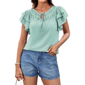 imageGRACE KARIN Womens Ruffle Sleeve Tops 2025 Summer Shirts Drawstring Pleated Dressy Casual BlouseLight Green