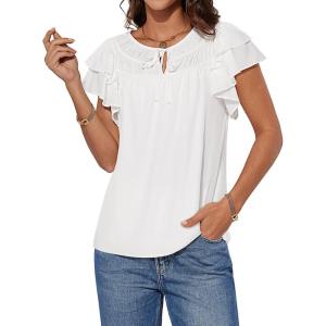 imageGRACE KARIN Womens Ruffle Sleeve Tops 2025 Summer Shirts Drawstring Pleated Dressy Casual BlouseWhite