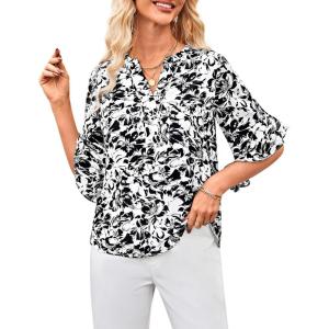 imageGRACE KARIN Womens Summer 34 Sleeve Tops Boho Floral Blouses Dressy Casual Tunic Ruffle V Neck Loose Fit Button up ShirtsBlack Floral