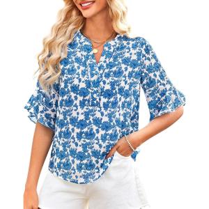imageGRACE KARIN Womens Summer 34 Sleeve Tops Boho Floral Blouses Dressy Casual Tunic Ruffle V Neck Loose Fit Button up ShirtsBlue Floral