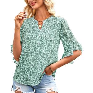 imageGRACE KARIN Womens Summer 34 Sleeve Tops Boho Floral Blouses Dressy Casual Tunic Ruffle V Neck Loose Fit Button up ShirtsGreen